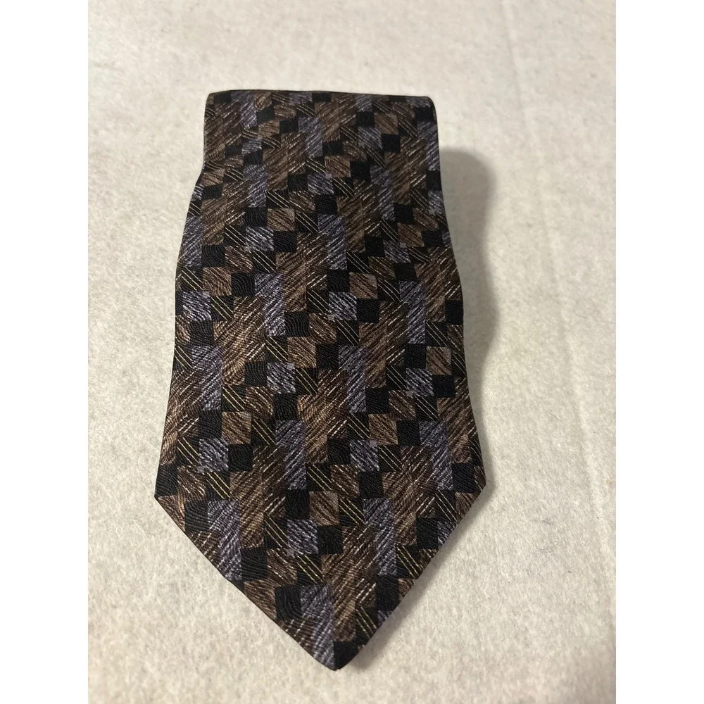 Hill & Archer Silk‎ Necktie Mens OS Brown Blue Geometric Block Pattern USA Made